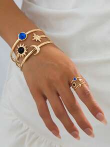 1 Set Glamorous Fashion Exaggerated Creative Metal Hollow Star Moon Rhinestone Inlaid Bracelet + Ring Jewelry Set, Versatile Daily Wear For Women - Yellow Gold - View 1