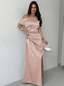 Vestido elegante asimétrico de hombro con pliegues y bajo de cola de sirena en color verde, adecuado para citas, vacaciones, bodas, eventos, regreso a la escuela, graduación, vestido de dama de honor formal, vestidos elegantes para mujer - Rosa - Ver 3