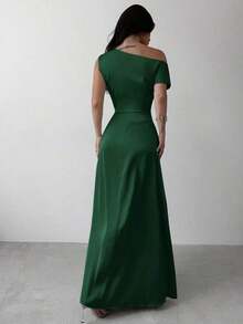 Vestido elegante asimétrico de hombro con pliegues y bajo de cola de sirena en color verde, adecuado para citas, vacaciones, bodas, eventos, regreso a la escuela, graduación, vestido de dama de honor formal, vestidos elegantes para mujer - Verde Oscuro - Ver 2