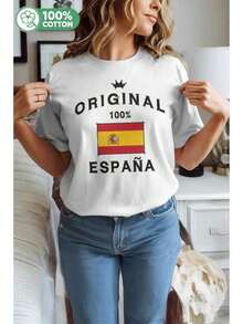 Women's Casual Camisole, Fashionable Outdoor Wear, Holiday Gift, Spanish Flag Camisole, Relaxed Fit, Short Sleeves, 'España' Print And National Emblem, Spanish Pride Casual Wear (White With Spanish Text), Machine Washable Loose-Fitting Camisole. Ideal For Gifting. Women's T-Shirt. Stylish. Bohemian Style. Soft, Breathable, And Comfortable Garment, Perfect For Spring, Summer, And Fall; Ideal For Holidays, Travel, And Everyday Wear. Perfect For Watching A Game. - 白色的 - 查看 7