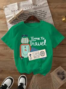 1 pieza [Orientación a la Naturaleza] Camiseta con estampado de letras 'TIME TO TRAVEL', nueva camiseta de cuello redondo para primavera/verano, ropa de mujer, 180g, 100% algodón. - Negro - Ver 7