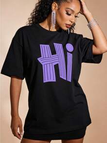 Women's Short-Sleeved T-Shirt, Casual Summer Style, With A Soft Round Neck, Featuring A Versatile American Haute Couture Minimalist Style In A Dopamine-Inspired Color With The Letter HI. White. - 黑色 - 查看 2