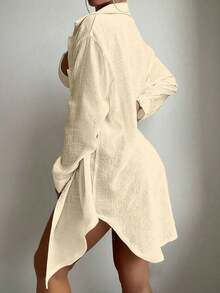 Kimono de una sola hilera de manga larga, de estilo informal, de unicolor para el verano - Albaricoque - Ver 2