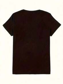 Camiseta de cuello redondo con estampado de letras de Brooklyn, top casual de manga corta con hombros caídos, ropa de mujer - Negro - Ver 2