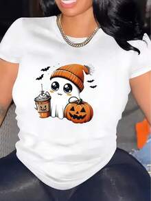 Camiseta Deportiva Casual para Mujer con Diseño Chibi de Fantasma, Calabaza y Latte - Camiseta Elástica de Cuello Redondo, Lavable aáquina, Ajuste Cómodo para Todas las Estaciones, Perfecta para un Look Divertido y Acogedor. - Blanco - Ver 7