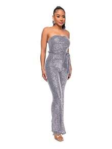 New Women's Jumpsuit, Hot Style, Sleeveless, Sequined, Backless, With Ribbons, Tube Top, Sexy Design, Perfect For Photoshoots, Nightclubs, Parties And Evening Looks - 灰色 - 查看 2