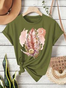 Camiseta de manga corta con cuello redondo, estilo mexicano, estampado de plumas en rosa brillante, estilo retro a la moda, ropa casual deportiva y de fitness para mujer, adecuada para todas las estaciones--Ligera y transpirable. - Blanco 1 - Ver 10