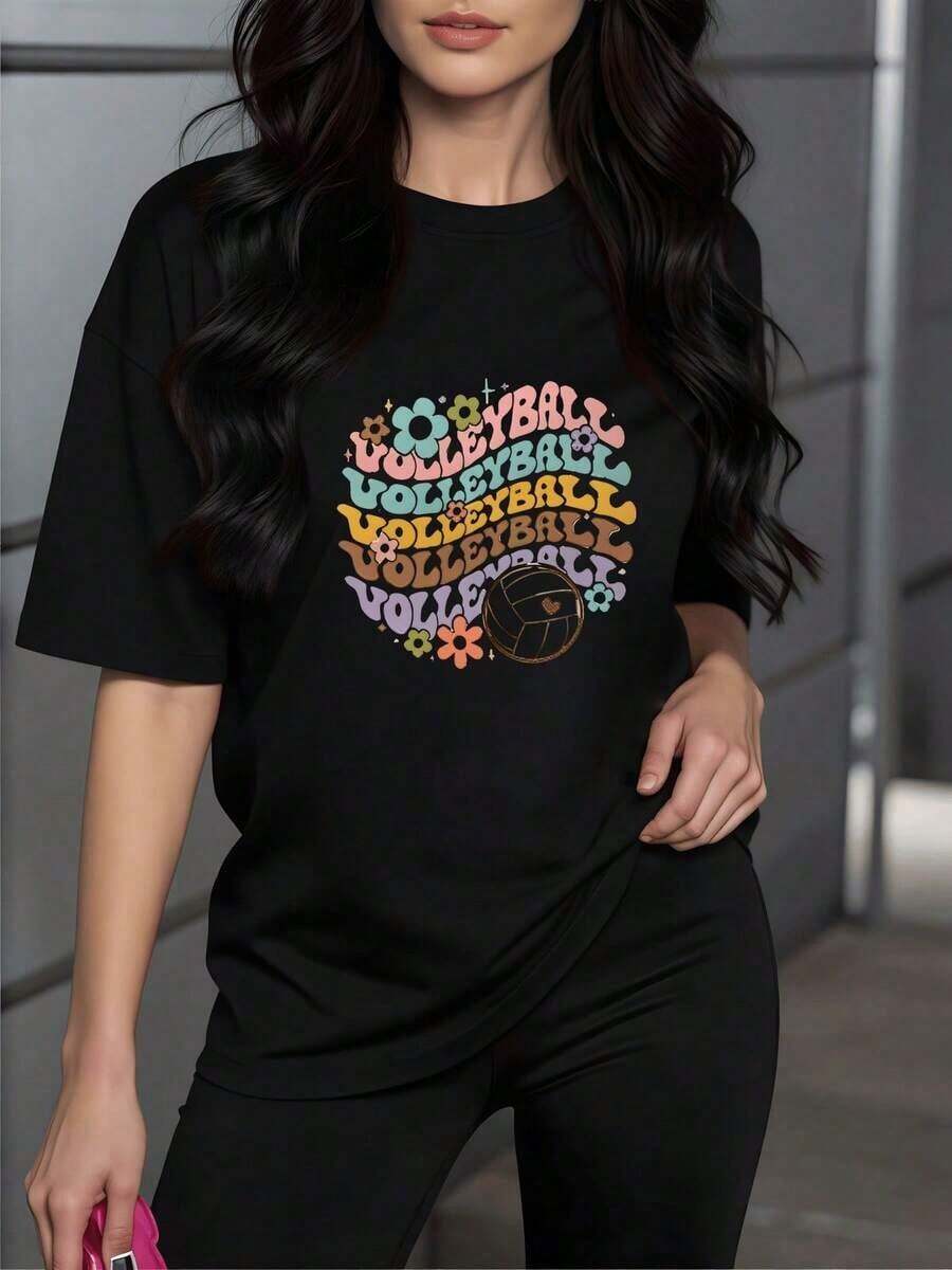 SimpieAndVersatileDesignFlores coloridas y balón de voleibol con letras psicodélicas que transmiten energía optimista y espíritu deportivo camiseta de mujer casual moderna ideal para ocio y deporteCottonT-Shirt - Negro - Ver 1