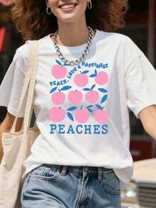 FashionNEW Camiseta con Estampado de Melocotón "Love and Happiness" para Mujer, Top Casual de Verano, Camiseta con Estampado de Frutas, Ropa Urbana para Chicas - Estilo Vintage Urbano, Unisex, Corte Holgado, Algodón Puro, Manga Corta, Cuello Redondo. - Blanco - Ver 7