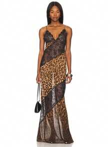 Vestido sirén con tirantes escote en V profundo estampado de leopardo y encaje combinado - Dorado - Ver 7