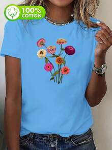 Camiseta de casa cómoda de manga corta y cuello redondo con estampado de margaritas para mujer, talla grande 100%. - Azul cielo - Ver 1