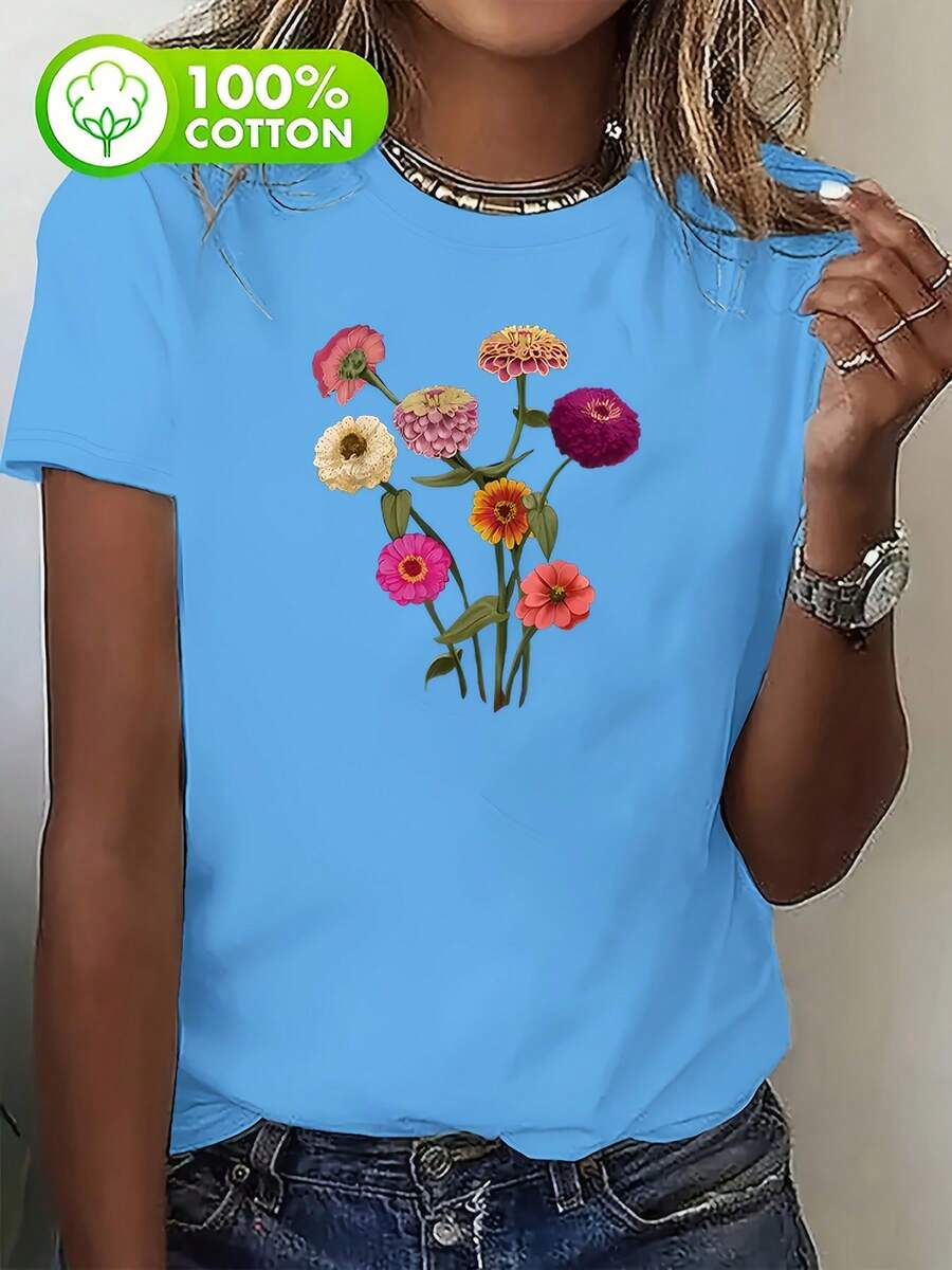 Camiseta de casa cómoda de manga corta y cuello redondo con estampado de margaritas para mujer, talla grande 100%. - Azul cielo - Ver 1
