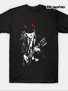 Camiseta de cuello redondo suave con estampado de guitarrista, atuendo negro para conciertos de rock, ropa casual para el día a día - un regalo ideal para músicos y fans, diseño vanguardista, una camiseta de manga corta adecuada para el hogar, uso diario, fiestas y viajes-perfecta como regalo para amigos o familiares. - Negro - Ver 1