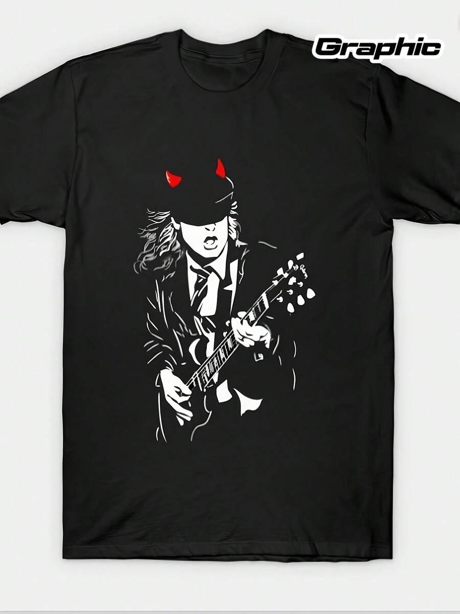 Camiseta de cuello redondo suave con estampado de guitarrista, atuendo negro para conciertos de rock, ropa casual para el día a día - un regalo ideal para músicos y fans, diseño vanguardista, una camiseta de manga corta adecuada para el hogar, uso diario, fiestas y viajes-perfecta como regalo para amigos o familiares. - Negro - Ver 1