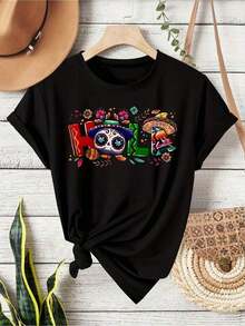 Camiseta de Mujer Estilo Vintage con Estampado de Calavera Hola, Estilo Mexicano, Manga Corta, Cuello Redondo, Elástica, Casual, Festiva para el Cinco de Mayo, Vacaciones de Verano, Múltiples Colores Disponibles, Ropa de Fiesta Mexicana, Top con Estampado Vibrante, Tela de Elasticidad Media, Playeras de Mujer - Negro - Ver 12