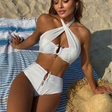 Nuevo bikini de dos piezas sin tirantes, de cintura alta, sexy, con estampado de serpiente y color sólido. - Blanco - Ver 3
