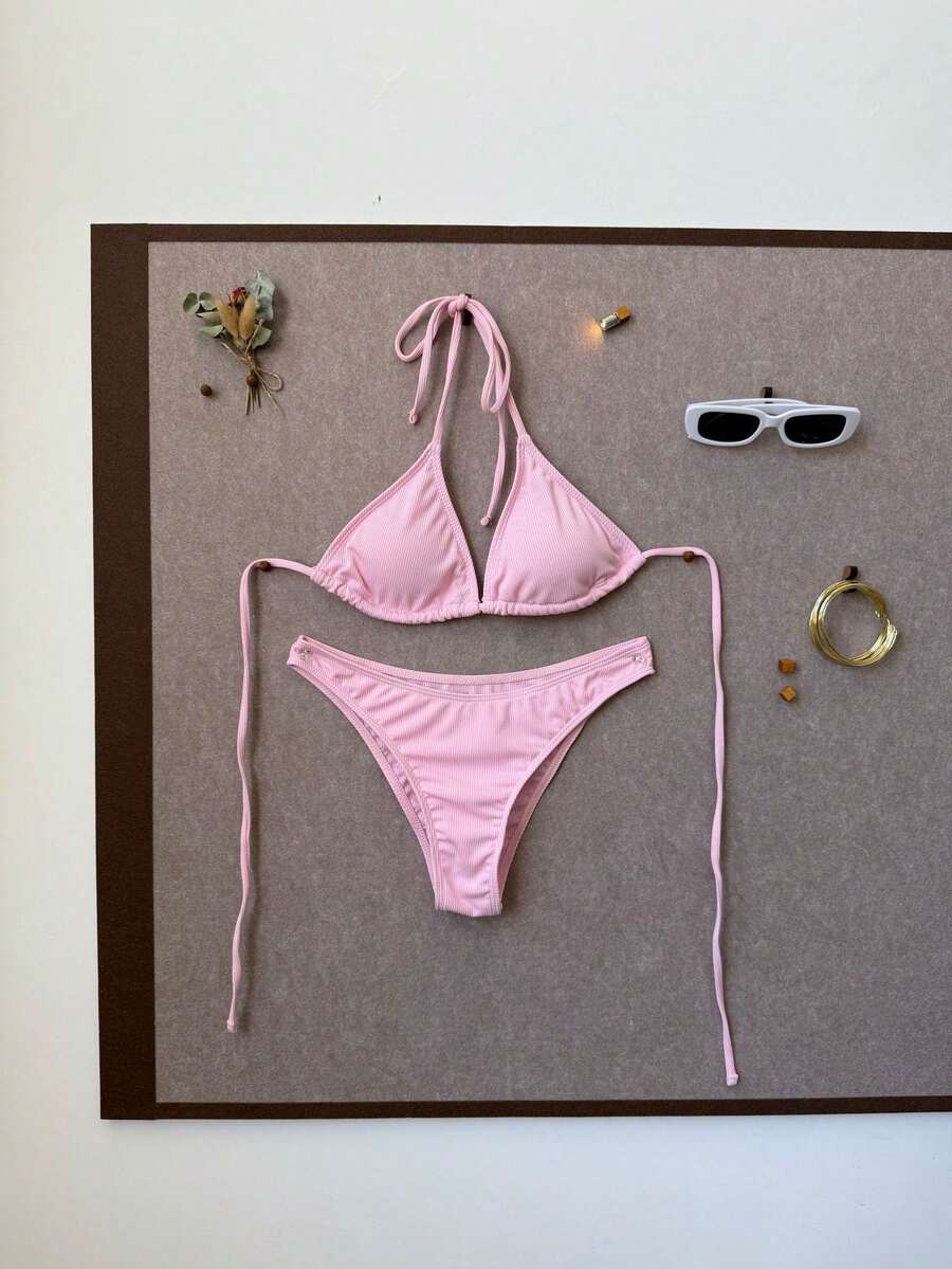 Nuevo Bikini Sexy de Color Sólido con Textura Acanalada, Traje de Baño de Dos Piezas para Mujer - rosa - Ver 1