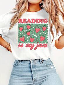 Elegante camiseta de manga corta para mujer con estampado "La lectura es mi favorita", cuello redondo, cómoda, suave, transpirable, nueva camiseta de primavera-verano, ideal como regalo, a la moda para ir al trabajo, vacaciones, uso diario, top casual retro versátil. - Blanco - Ver 1