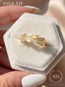 1pc Elegant & Fashionable Gold-Tone & White Cubic Zirconia 925 Sterling Silver Ring, Suitable For Anniversary/Birthday Gift - Gold - View 6