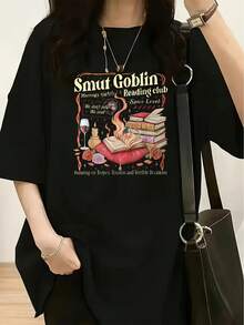 Camiseta con Estampado Temático del Club de Lectura de Goblins Malvados - Blusa Casual de Manga Corta con Cuello Redondo para Mujer, imprescindible para la moda de primavera y verano, blusas para mujer, blusas, blusas casuales para mujer, tops para mujer, tops, unisex. - Negro - Ver 1