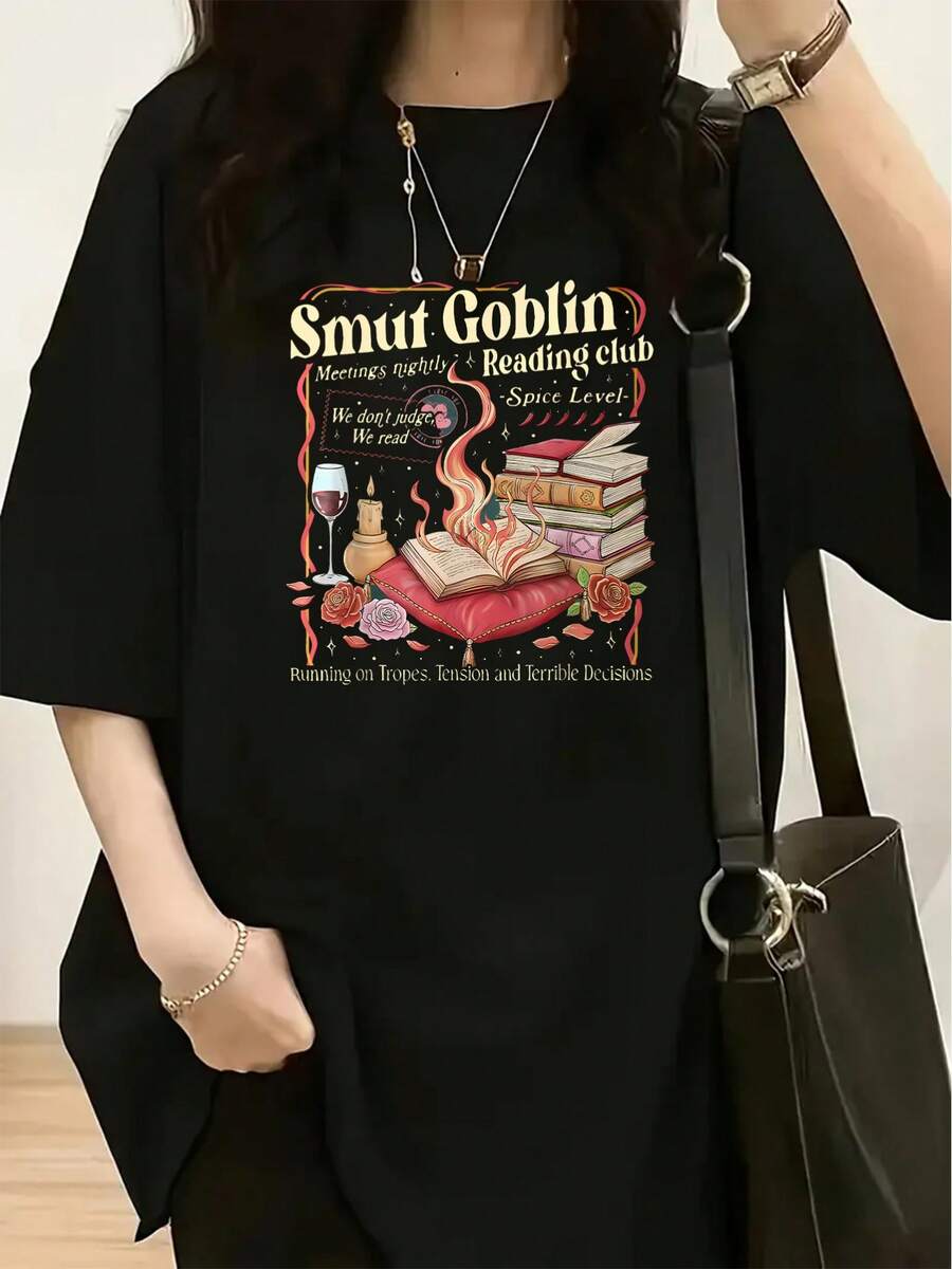 Camiseta con Estampado Temático del Club de Lectura de Goblins Malvados - Blusa Casual de Manga Corta con Cuello Redondo para Mujer, imprescindible para la moda de primavera y verano, blusas para mujer, blusas, blusas casuales para mujer, tops para mujer, tops, unisex. - Negro - Ver 1