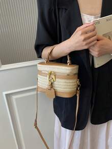 編織方盒包 雙拉鍊金扣小手提包 可斜背 度假風 精緻小巧 百搭化妝包 - 卡其色 - 查看 5