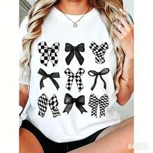 Ropa de Mujer de Talla Grande, Camiseta Casual con Estampado de Lazo - Manga Corta, Cuello Redondo, Lavable a Máquina, Tops de Moda Primavera-Verano, Camiseta Casual de Primavera |     Camiseta de cuello redondo - Blanco - Ver 4