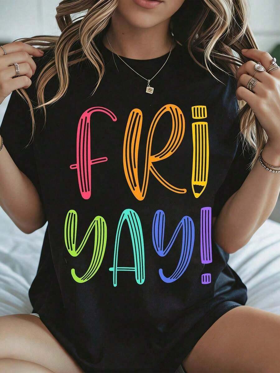 Elegante y casual para mujer, manga corta, camiseta de algodón con estampado divertido de viernes, ropa casual blanca para mujer, primavera verano. - Negro - Ver 1
