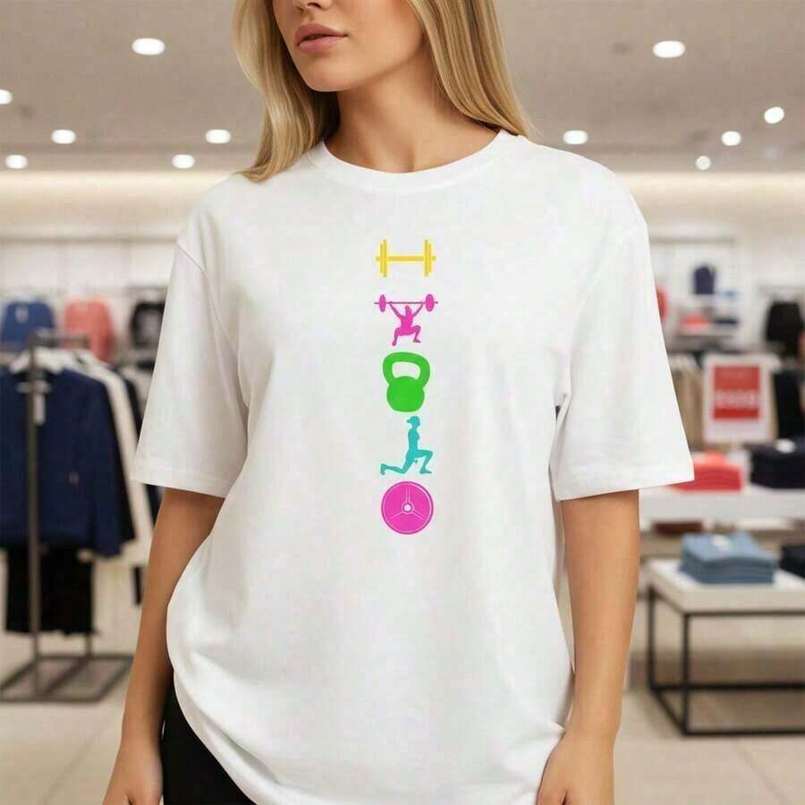 Casual Women's Cotton T-Shirt, Oversized Fit Gym Graphic Tee With Colorful Dumbbell & Fitness Icons, Casual Short Sleeve Workout Top For Activewear, Soft Basic Shirt For Daily Wear,Women's Letter Print T-Shirt Crew Neck Short Sleeve CasualFashion - Blanco - Ver 1