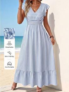 Vestido largo casual y retro para vacaciones, con cintura ceñida, para atuendo diario de primavera/verano, vestidos camiseros para mujer, casual - Azul y blanco - Ver 7