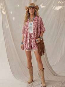 Conjunto de kimono de algodón blanco con arrugas + shorts, conjunto casual de vacaciones para primavera/verano - Multicolor 6 - Ver 4