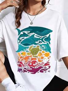 Camiseta de ajuste holgado con estampado gráfico de criaturas marinas, es una camiseta perfecta para regalar a amigos y familiares en cualquier fiesta u ocasión festiva, 220g - Blanco - Ver 7