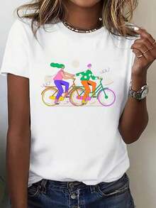 Camiseta de Mujer - Camiseta Casual de Manga Corta con Estampado Gráfico de Doble Bicicleta Vibrante - Camiseta Suave y Elástica de Cuello Redondo para Diversos Estilos de Vida, Primavera Verano, Lavable a Máquina, Camisetas para Mujer, Ropa de Verano, Material No Transparente - Blanco - Ver 1