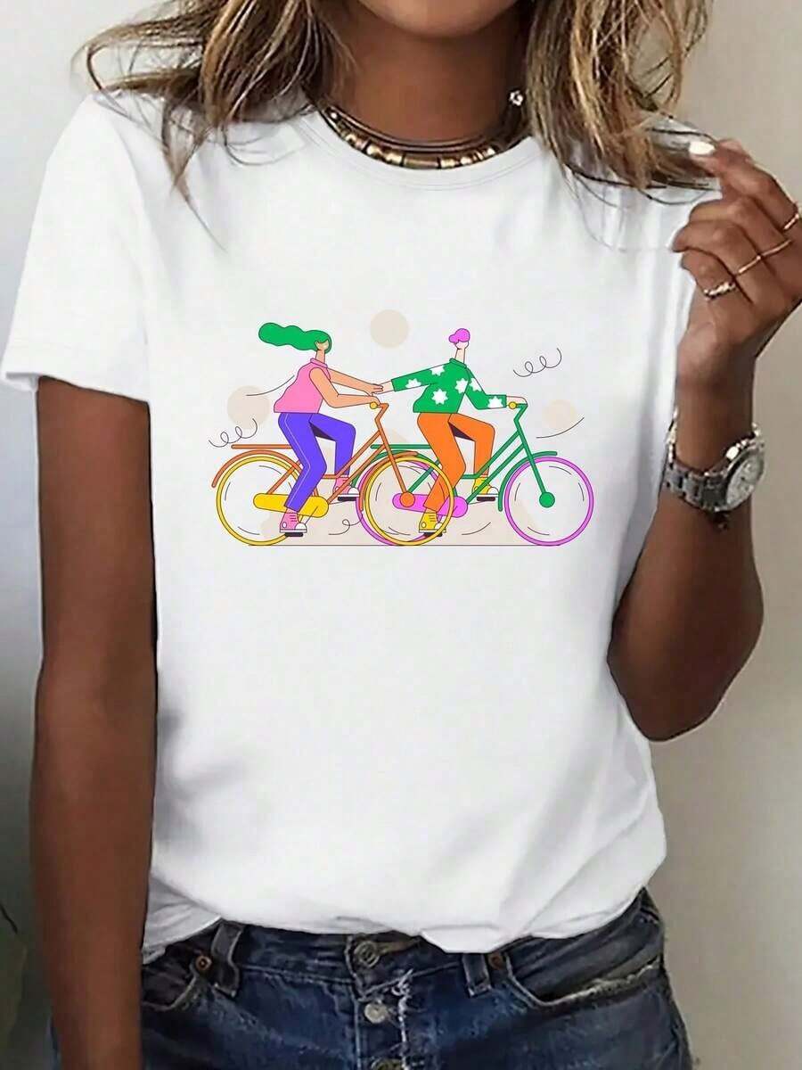 Camiseta de Mujer - Camiseta Casual de Manga Corta con Estampado Gráfico de Doble Bicicleta Vibrante - Camiseta Suave y Elástica de Cuello Redondo para Diversos Estilos de Vida, Primavera Verano, Lavable a Máquina, Camisetas para Mujer, Ropa de Verano, Material No Transparente - Blanco - Ver 1