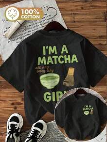[Impresión a Doble Cara en la Parte Delantera y Trasera] Camiseta Casual de Primavera y Verano para Mujer, Estilo de Dibujos Animados, Estampado de Batidor de Té Matcha y "I'M A MATCHA", Cuello Redondo, Manga Corta de Algodón Puro [Ling K] EO3C Camiseta Fresca de Verano, Estilo Unisex - Negro - Ver 1
