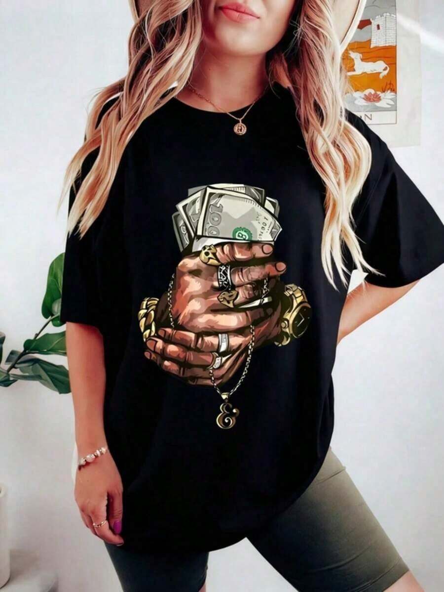 Camiseta de algodón de gran tamaño para mujer con estampado de puño, manga corta, estilo casual de verano - Negro - Ver 1