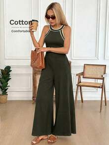 Mono de pierna ancha con contraste en el escote y la cintura, de tela de algodón cómoda, uso casual, relajado y elegante para la oficina/vacaciones para mujeres, primavera/verano - Gris - Ver 4