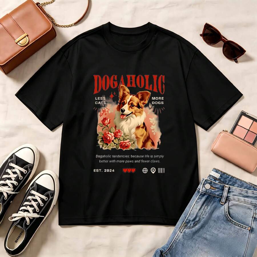 Retro Dogaholic Corgi Print, 100% Cotton Oversized Soft Breathable Casual Crewneck, Short Sleeve Top, Summer Vibes Romantic Streetwear, Dog Lovers Aesthetic - Negro - Ver 1