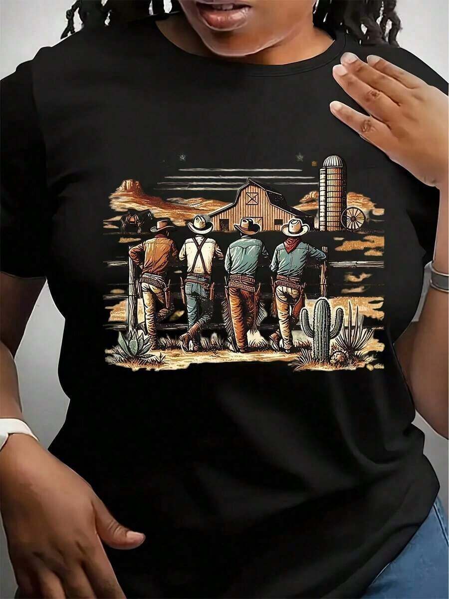Wild West T-Shirt, Western Graphic T-Shirt, Nature Design T-Shirt, Vintage Cowboy T-Shirt, Cute Western T-Shirt, Gifts For Farmers - 黑色 - 查看 1