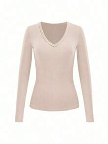 Camiseta de manga larga de ajuste ceñido de unicolor casual para mujer, otoño - Beis - Ver 4
