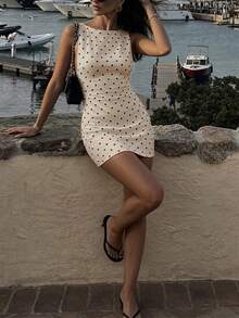 Women's Black Polka Dot Sleeveless Short Dress, Elegant Fitted Mini Dress For Summer - Beige - View 5
