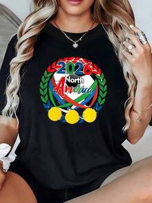 Símbolo vibrante que celebra la unión deportiva del continente norteamericano en el año 2026 con colores vivos que representan la pasión la energía y la diversidad que inspira el espíritu ganador camiseta de mujer casual moderna cómoda para fanáticas del fútbol - Negro - Ver 6