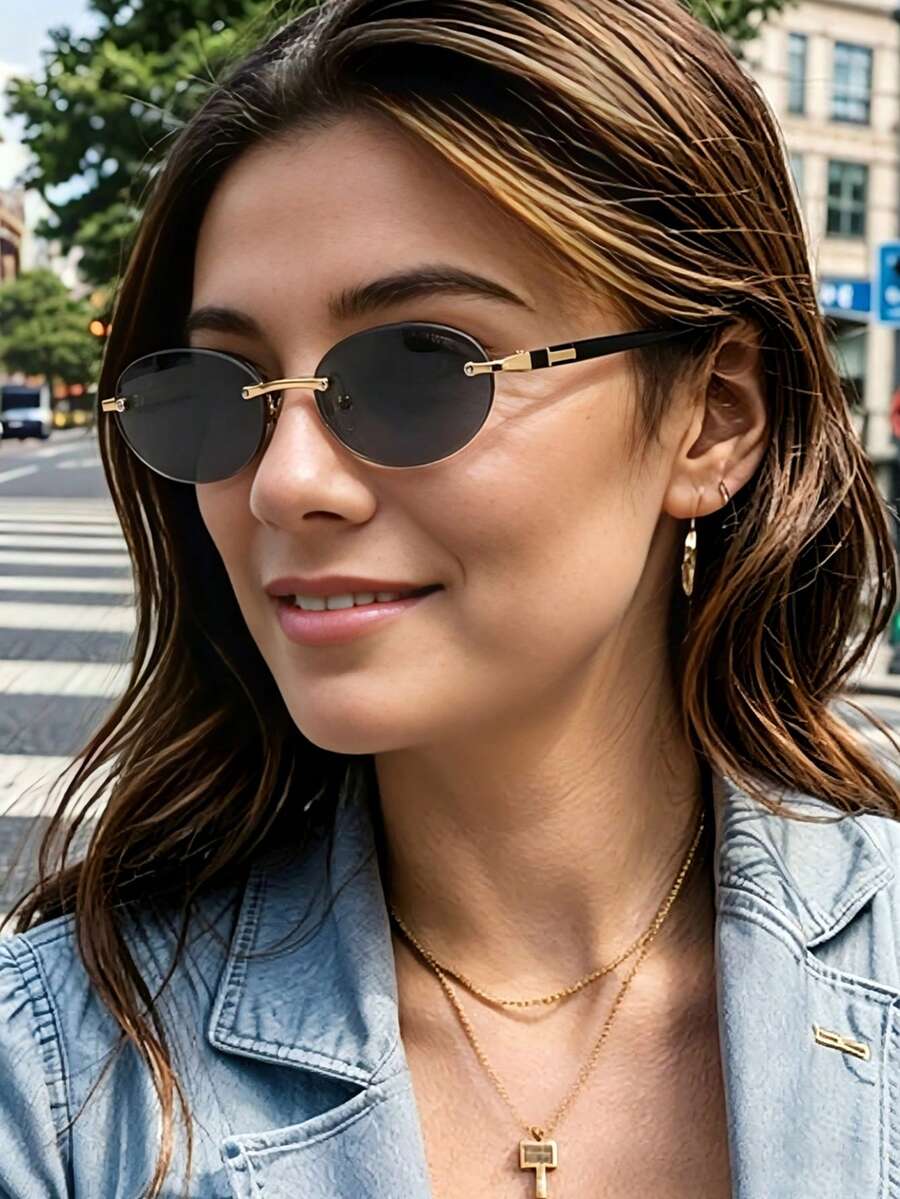 1 pieza Gafas ovaladas sin marco estilo retro, gafas de montura pequeña unisex, adecuadas para uso diario, transporte, decoración fotográfica y regalo de moda - Ver 1