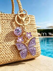 1pc Pretty Purple Butterfly Flower Keychain, Handmade Rhinestone Pendant, Pearl Butterfly Enamel Bag Pendant, Elegant Natural Spring And Summer Theme, Hawaiian Bohemian Vacation Style, Suitable For Backpack, Wallet Decoration, Headphone Bag Accessories, Car Pendants, And Drip Oil Jewelry. Suitable For Women'S Daily Wear, Vacations, And Gatherings. Unique Small Gifts, Birthday Gifts, Party Gifts, Bridesmaid Gifts, Gifts For Him/Her - Multicolor - View 5