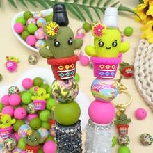 25/44/46pcs 3D Cactus Shaped Silicone Bead Set, Plant Silicone Beads, Loose Bead Set, 15mm Silicone Round Beads, Floral Print Beads, Colorful Round Beads, Suitable For Jewelry Making, Earrings, Necklaces, Bag Chains, Beaded Pens, Phone Straps, Makeup Brushes, DIY Spring And Summer Beading - Cactus Plant Series - View 8