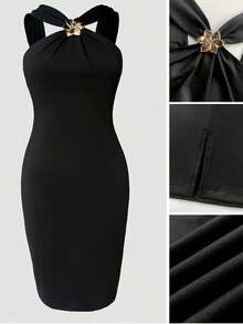 Vestido Mini Bodycon Negro con Cuello Halter y Detalle Floral para Mujer, Glamuroso, Sexy, para Fiesta de Verano, Cita Nocturna, Elegante y Favorecedor - Negro - Ver 1