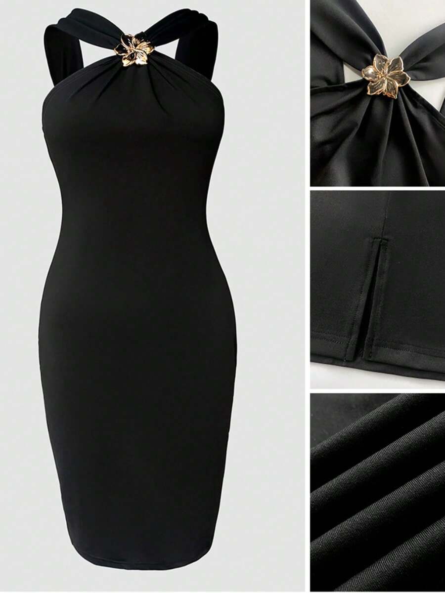 Vestido Mini Bodycon Negro con Cuello Halter y Detalle Floral para Mujer, Glamuroso, Sexy, para Fiesta de Verano, Cita Nocturna, Elegante y Favorecedor - Negro - Ver 1