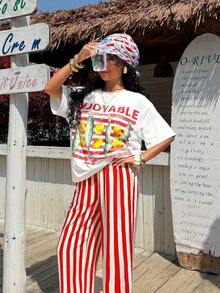 Conjunto informal de camiseta holgada y pantalones con textura mostaza para mujer - Blanco 2 - Ver 6