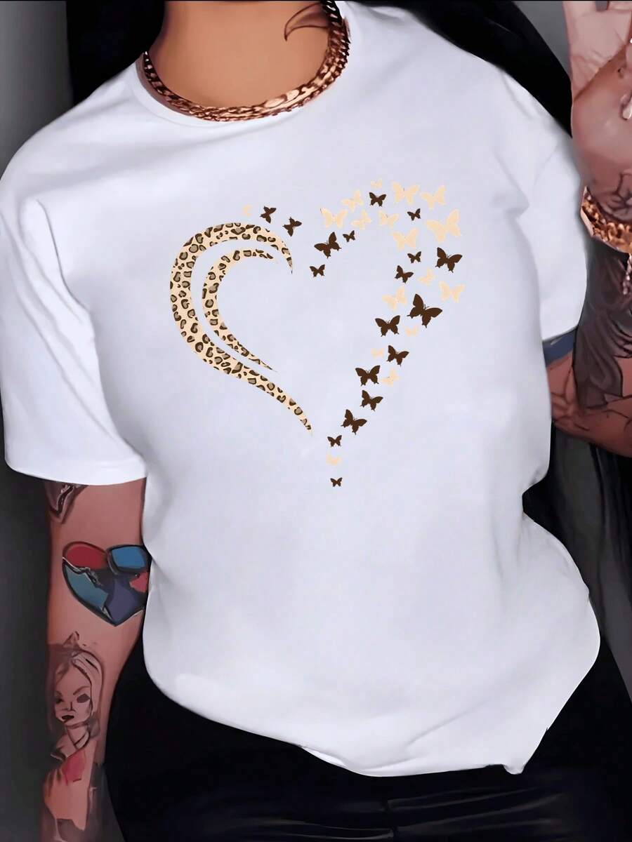 Heart Formed By Feline Curves And Golden Butterflies Symbolizing Inner Strength And The Freedom Of The Feminine Soul. Women's Casual, Modern, Comfortable T-Shirt For Everyday Wear. - 白色 - 查看 1
