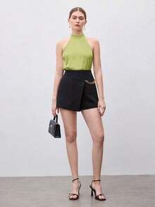 de satén de unicolor para mujer, camisa casual de verano con cuello en V, elegante para la oficina - Verde - Ver 3